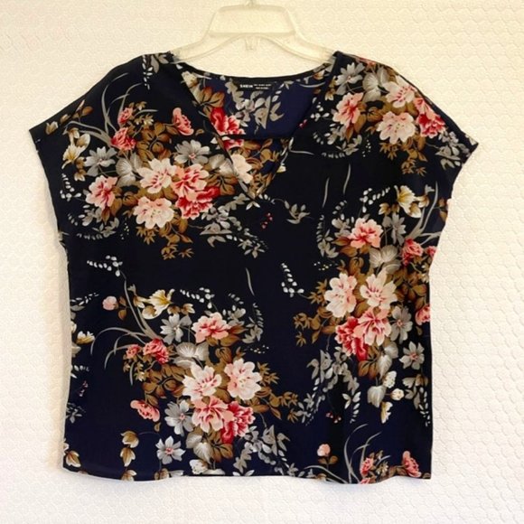 Shein Cap Sleeve Floral Print V Neck Top -Vibrant Colors, Lightweight - Size L - Picture 1 of 6